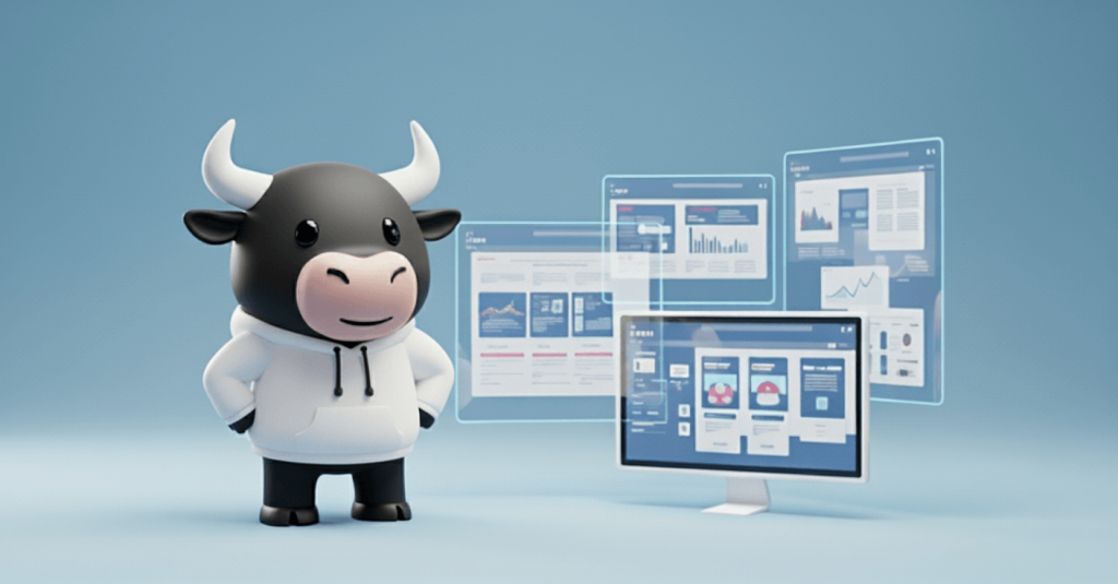 3D bull mascot standing before digital website layouts representing custom web development services.