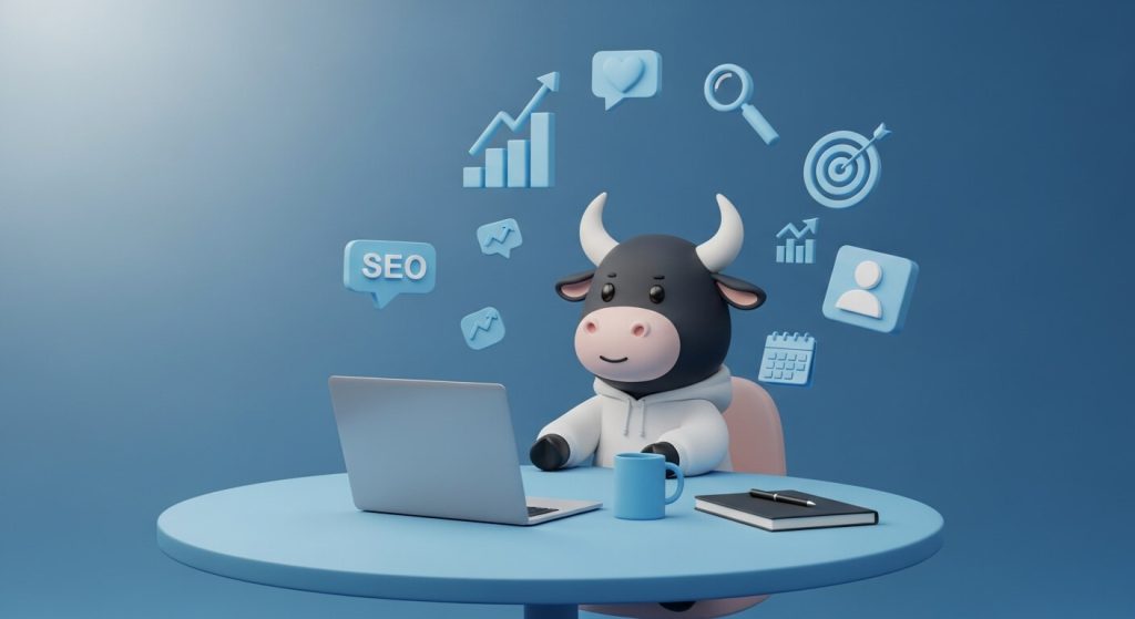 3D animated bull mascot working on laptop with digital marketing icons, symbolizing strategies for doctors.