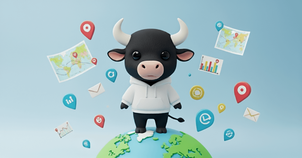 3D bull mascot with glowing world map and SEO icons representing global SEO services.