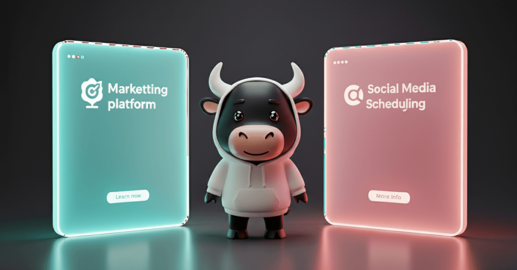3D bull mascot standing between two glowing panels representing HubSpot and RecurPost comparison.