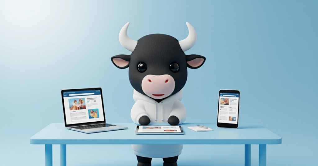 3D bull mascot showing responsive website design across laptop, tablet, and smartphone.